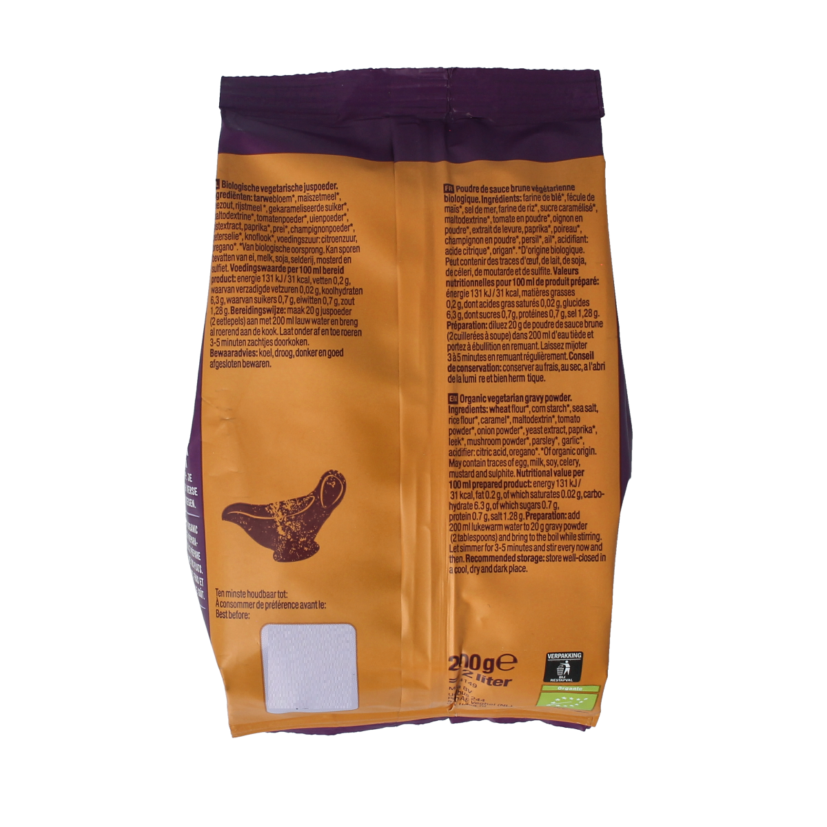 Organic vegetarian Juspoeder sauce mix from Your Organic Nature, 200 grams, in a natural packaging with vibrant labeling.