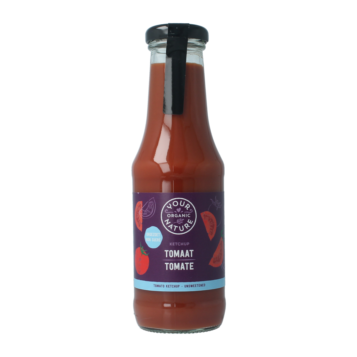 Your Organic Nature organic tomato ketchup in a 325ml bottle, unsalted, natural condiment for sauces and flavoring.