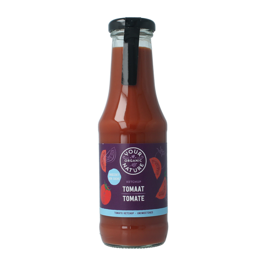 Your Organic Nature organic tomato ketchup in a 325ml bottle, unsalted, natural condiment for sauces and flavoring.