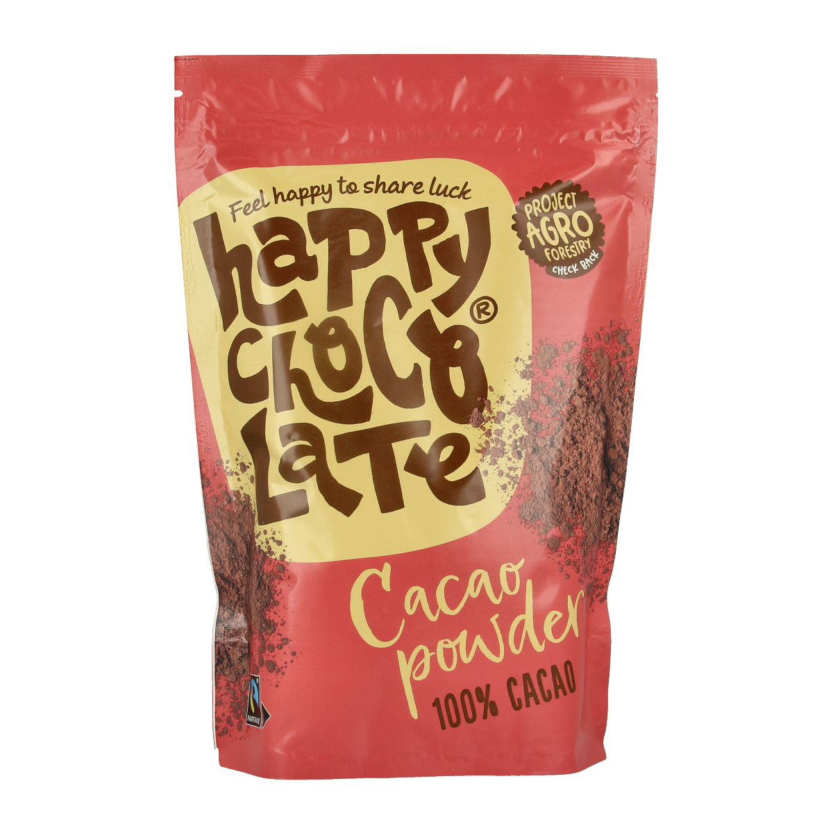 Happy Chocolate bio cacao powder in 250g package, natural snoepgoed product with rich chocolate flavor.