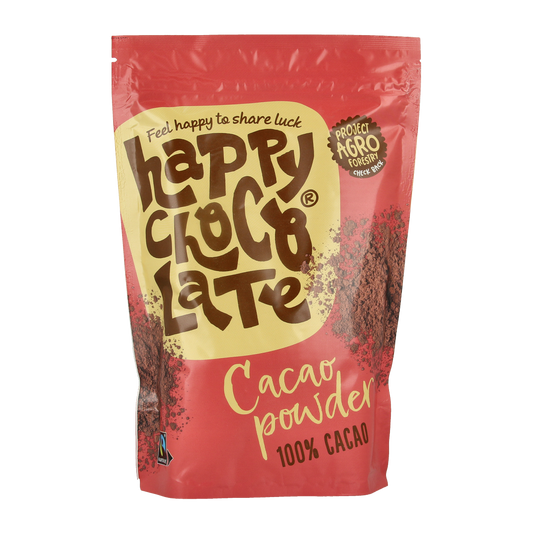 Happy Chocolate bio cacao powder in 250g package, natural snoepgoed product with rich chocolate flavor.