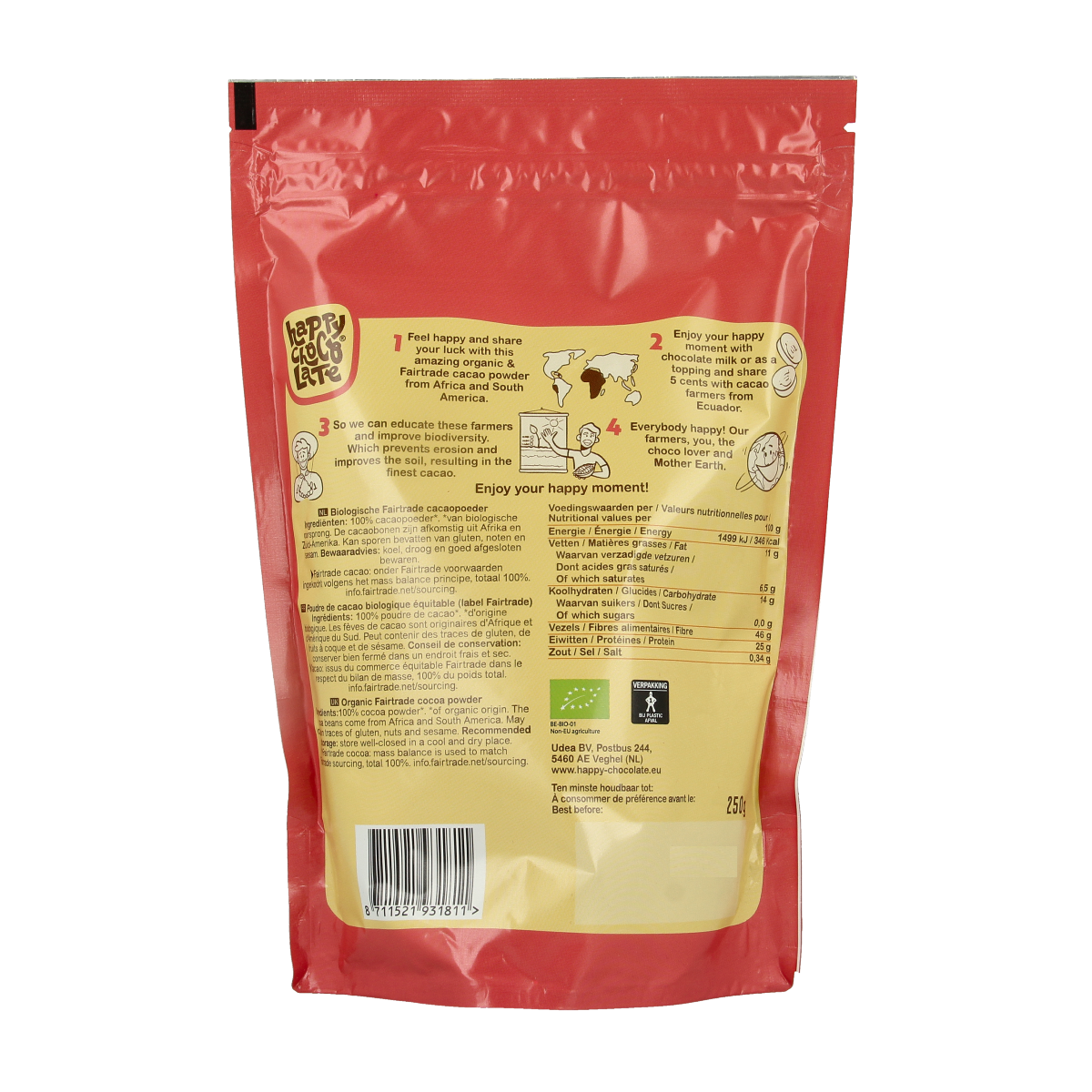 Organic Happy Chocolate cacao powder in a 250g package, ideal for baking and cooking, with a rich, dark chocolate appearance.