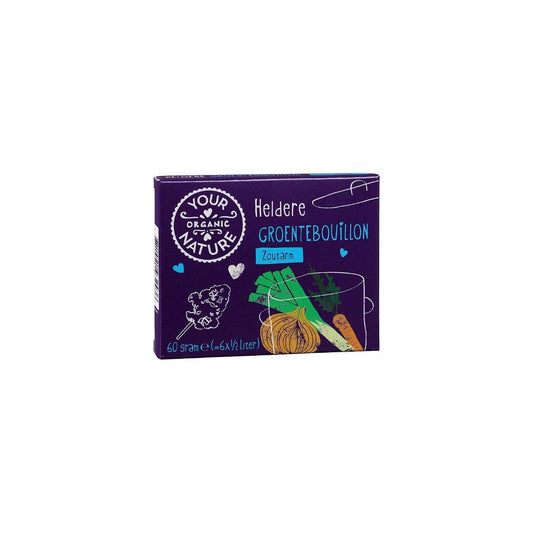 Your Organic Nature heldere groentebouillon zoutarm in 60g package, featuring clear vegetable broth with low salt content
