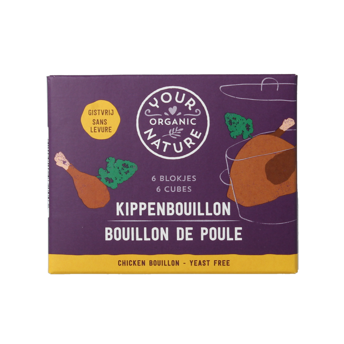 Organic Your Organic Nature chicken bouillon cubes, clear without yeast, 6-pack, in natural packaging for soups and broths.