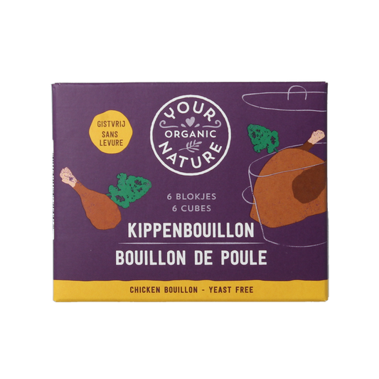 Organic Your Organic Nature chicken bouillon cubes, clear without yeast, 6-pack, in natural packaging for soups and broths.
