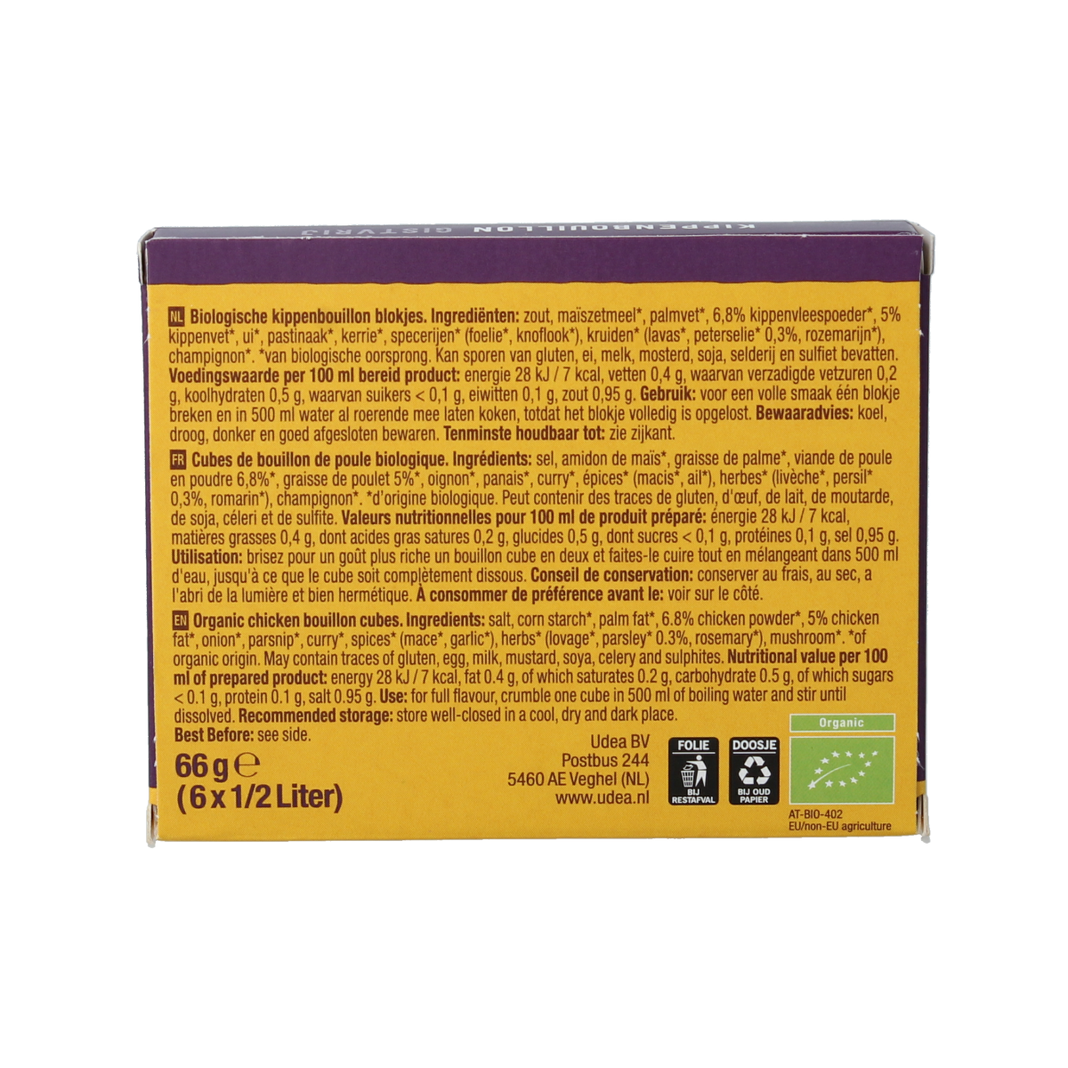 Organic Your Organic Nature chicken bouillon cubes, clear and yeast-free, 6 pieces for soups and broths, natural and bio.