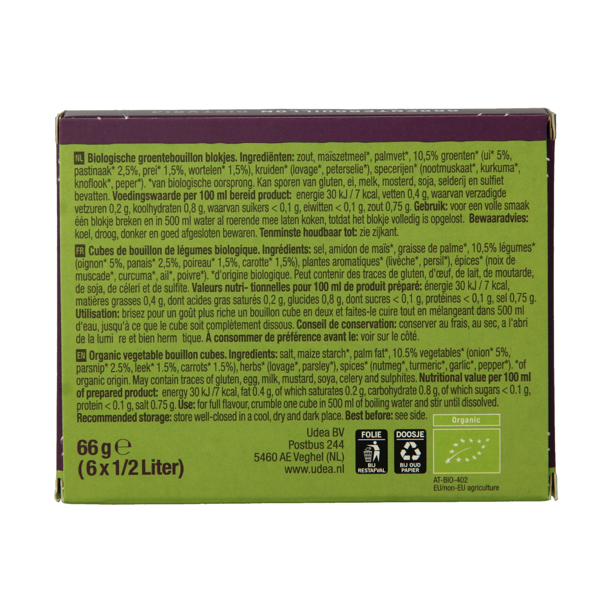 Organic Your Organic Nature vegetable bouillon cubes in a clear vegetable broth, 6 pieces, for soups and cooking.