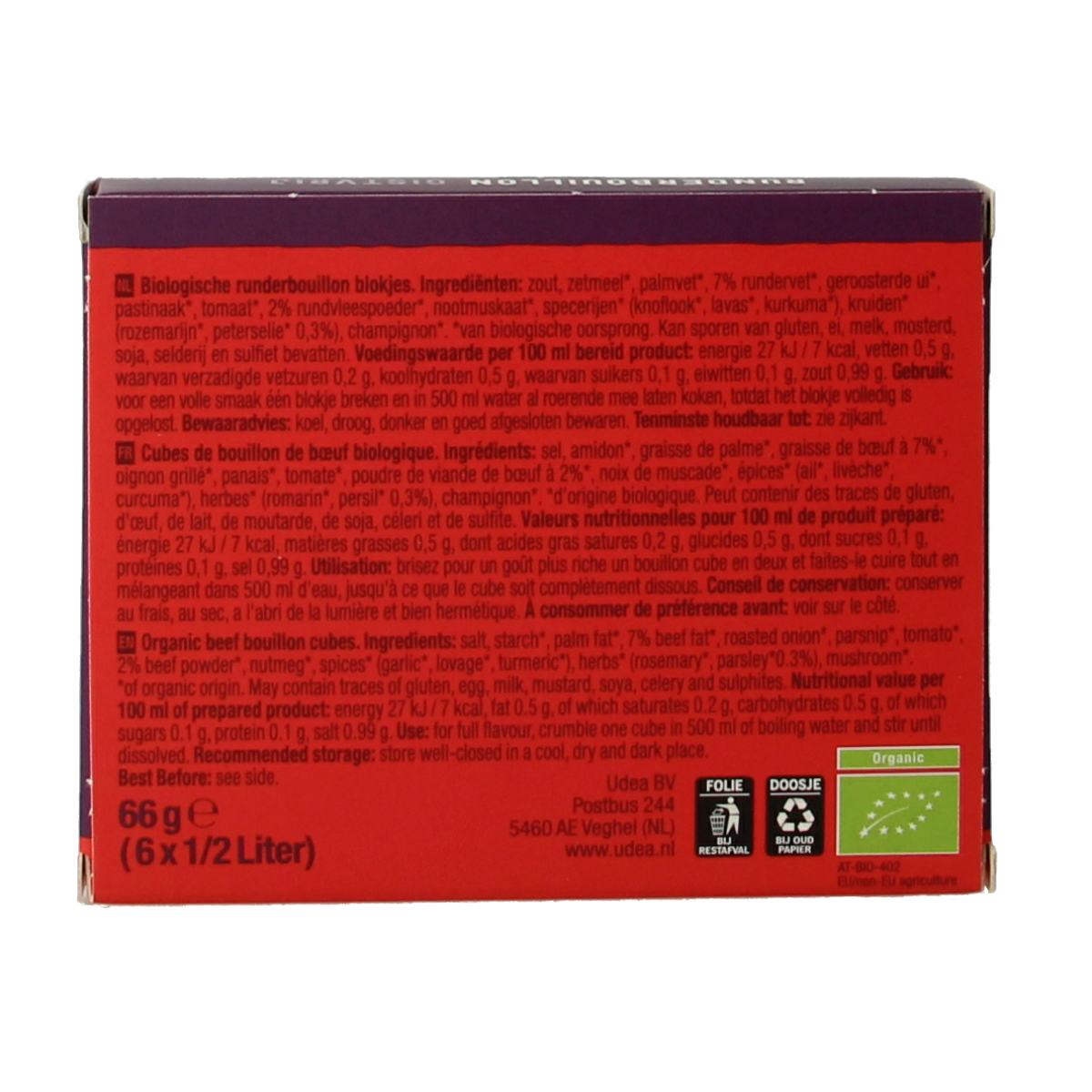 Organic Your Organic Nature Runderbouillon helder zonder gist, 66g, in a clear container, showcasing the beef-flavored broth powder.