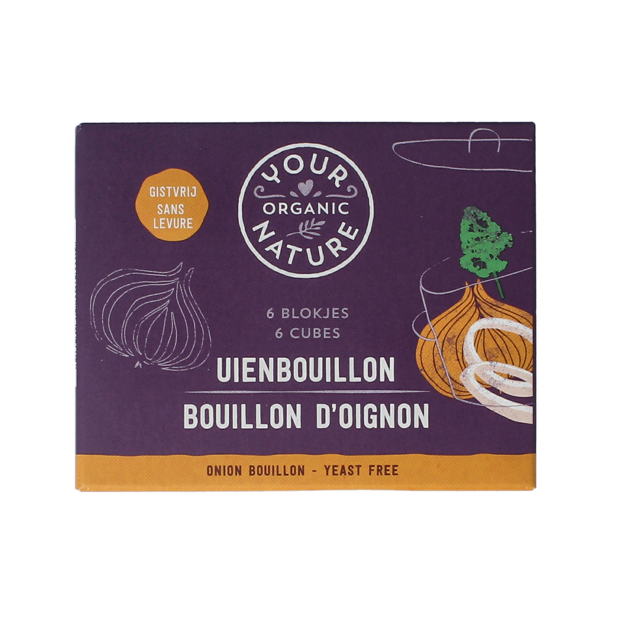 Organic Your Organic Nature onion bouillon without yeast in 6-pack, natural seasoning for soups and broths.