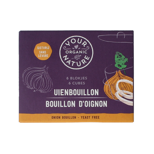Organic Your Organic Nature onion bouillon without yeast in 6-pack, natural seasoning for soups and broths.