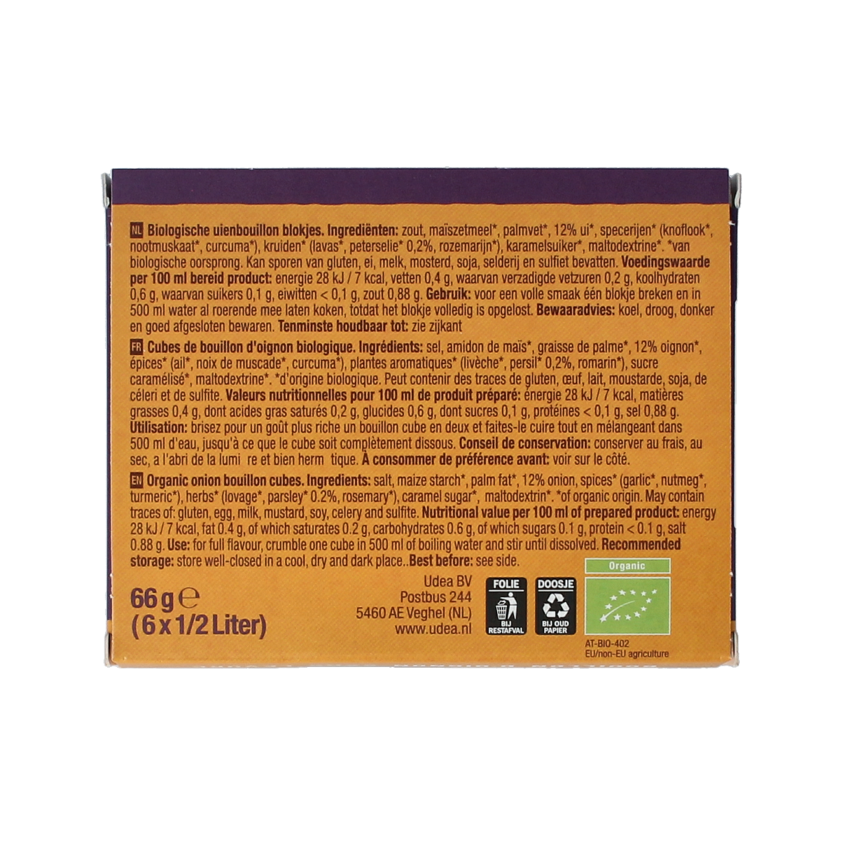 Organic Your Organic Nature onion bouillon without yeast in a pack of six, ideal for soups and broths.