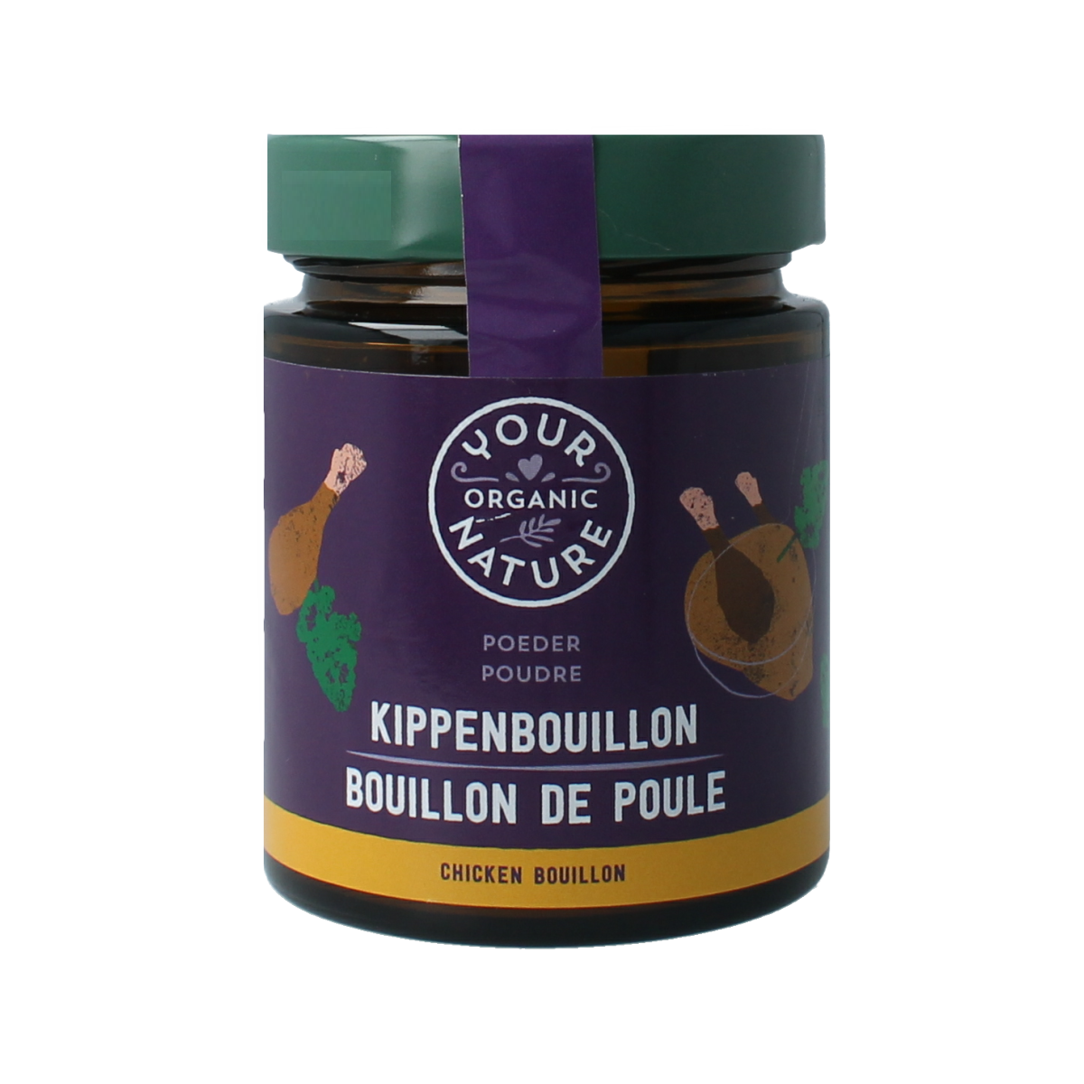 Organic Nature Heldere kippenbouillonpoeder without yeast, 110g, in a clear jar, natural chicken broth powder, vegan-friendly and aromatic.