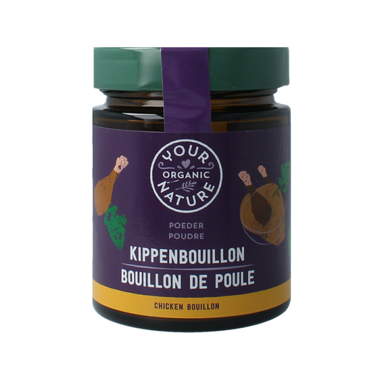 Organic Nature Heldere kippenbouillonpoeder without yeast, 110g, in a clear jar, natural chicken broth powder, vegan-friendly and aromatic.