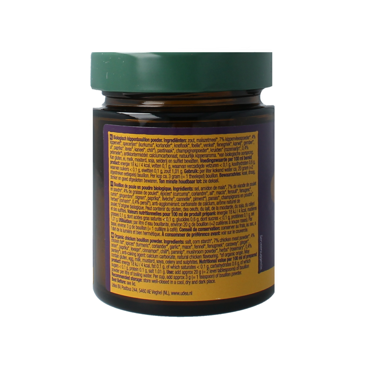 Organic Nature Heldere kippenbouillonpoeder without yeast in a 110g jar, ideal for soups and broths, natural and gluten-free.