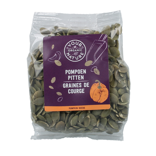 Raw organic pumpkin seeds from Your Organic Nature, 200g, showcasing fresh, whole pumpkin seeds for healthy snacking and cooking.