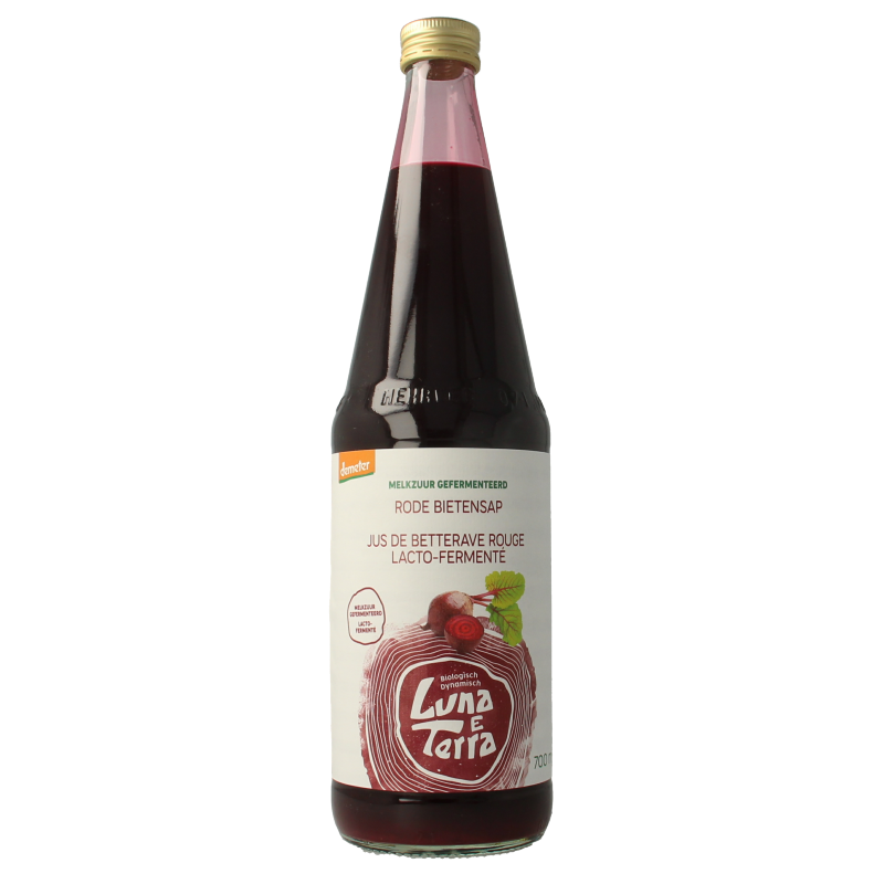 Luna E Terra Rode bietensap melkzuur Demeter bio in 700ml bottle, natural beetroot drink with organic certification.