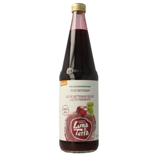 Luna E Terra Rode bietensap melkzuur Demeter bio in 700ml bottle, natural beetroot drink with organic certification.