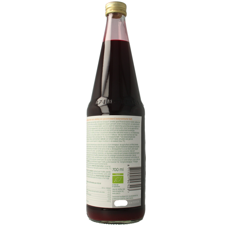 Luna E Terra Rode bietensap met melkzuur, Demeter biologisch, 700 ml, in een glazen fles met label en een rietje.