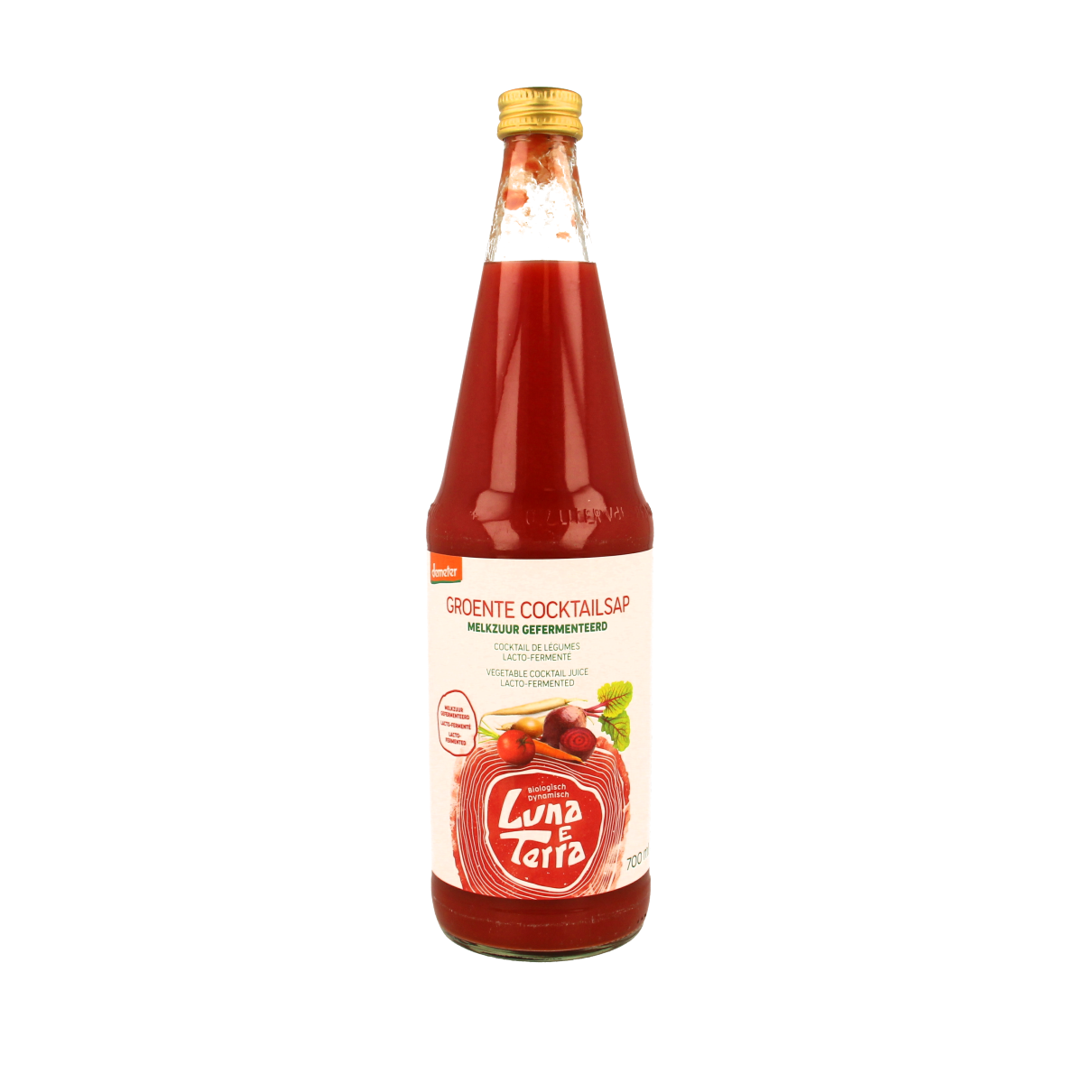 Luna E Terra biologische groentecocktail met melkzuur, 700 ml fles, drink en sap product in heldere bottle