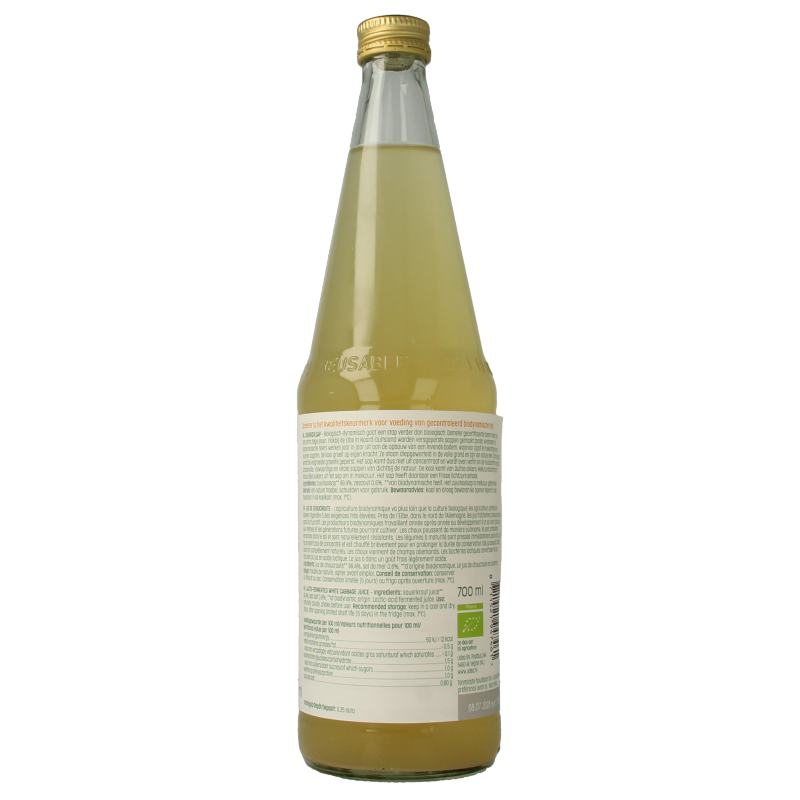 Luna E Terra Demeter organic sauerkraut juice in a 700ml bottle, natural fermented drink with fresh cabbage flavor.