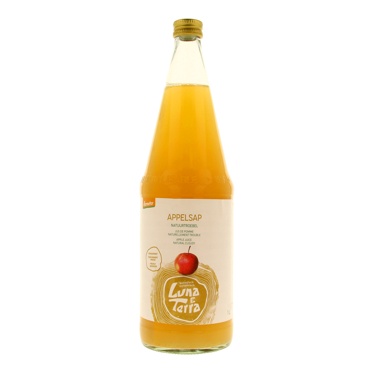 Luna E Terra bio natuurtroebel appelsap in 1 liter bottle, natural apple juice with pulp, eco-friendly packaging.
