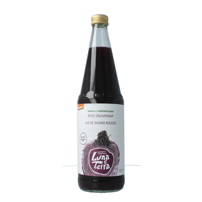 Luna E Terra organic red grape juice in a 700ml bottle, natural drink from Luna E Terra, with deep red color and fresh grapes.