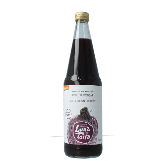Luna E Terra organic red grape juice in a 700ml bottle, natural drink from Luna E Terra, with deep red color and fresh grapes.