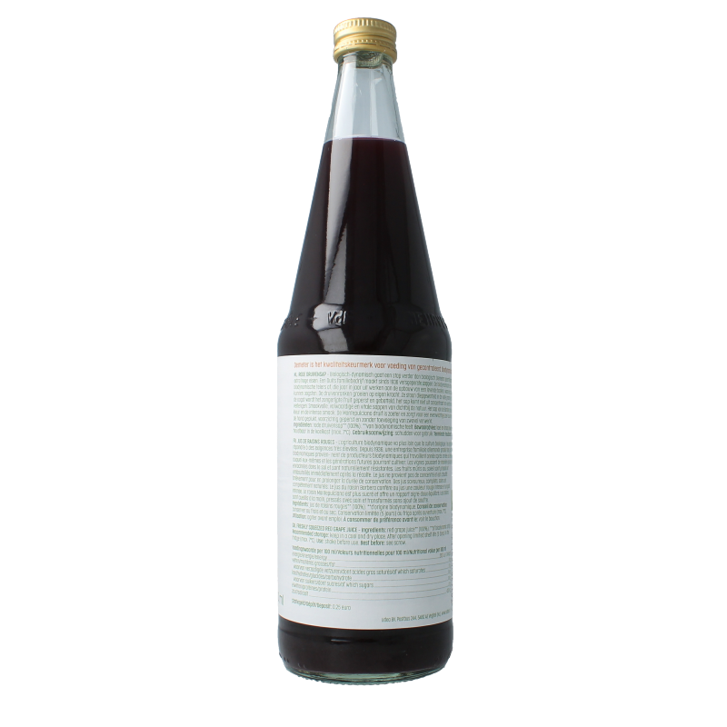 Luna E Terra organic red grape juice in a 700ml bottle, natural fruit drink from Luna E Terra, vibrant red liquid in clear glass.
