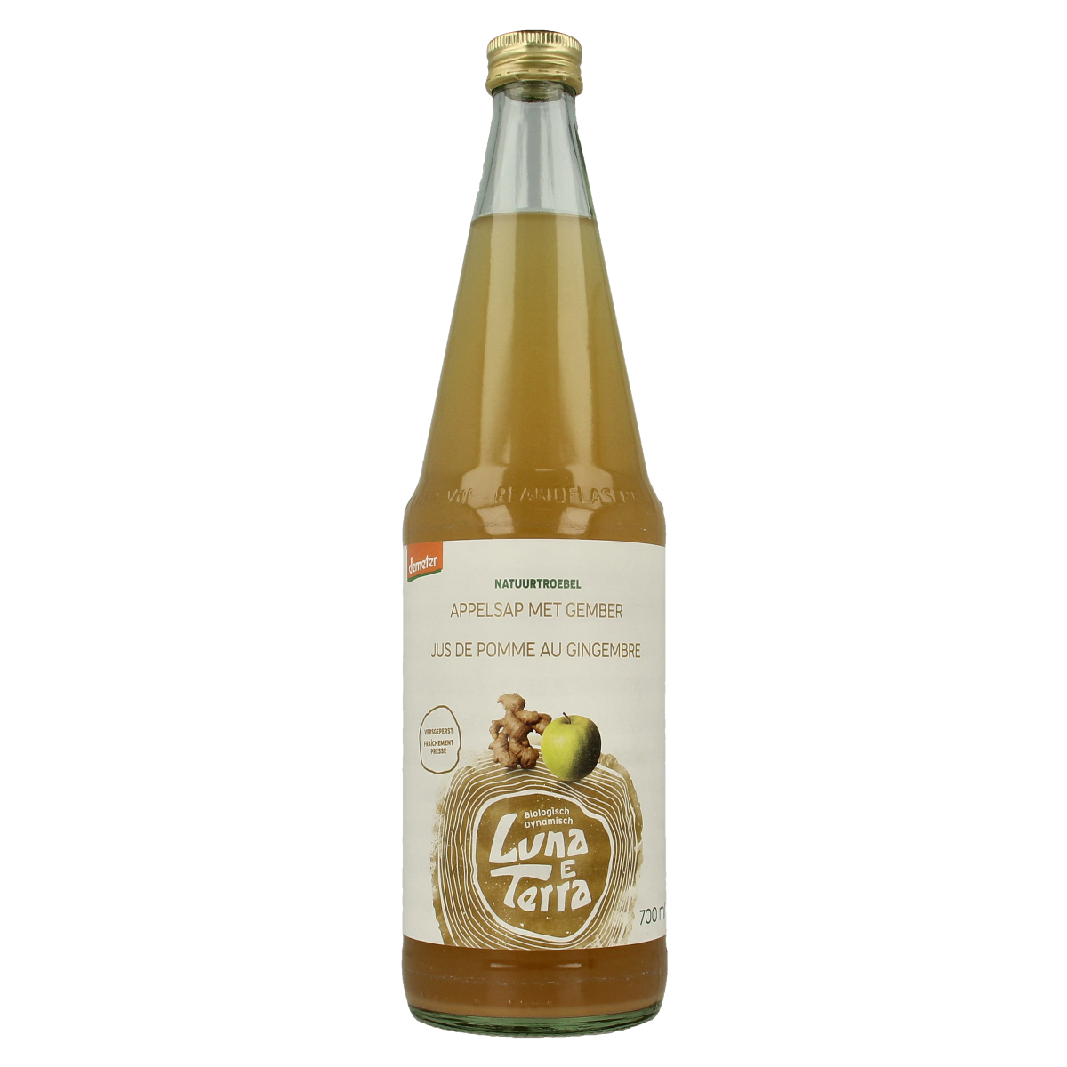Luna E Terra appelsap met gember in 700ml fles, natuurlijk bio Demeter, drink en sap product, fresh ginger and apple juice.