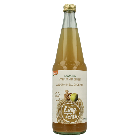 Luna E Terra appelsap met gember in 700ml fles, natuurlijk bio Demeter, drink en sap product, fresh ginger and apple juice.