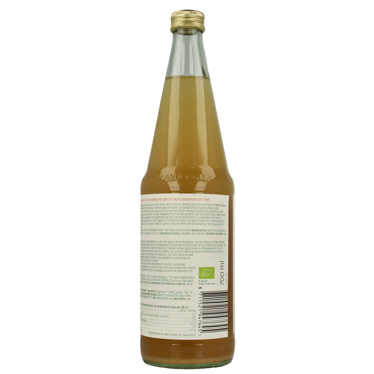 Luna E Terra appelsap met gember natuurtroebel in 700ml bottle, Demeter biologisch, fresh and natural drink with ginger flavor.