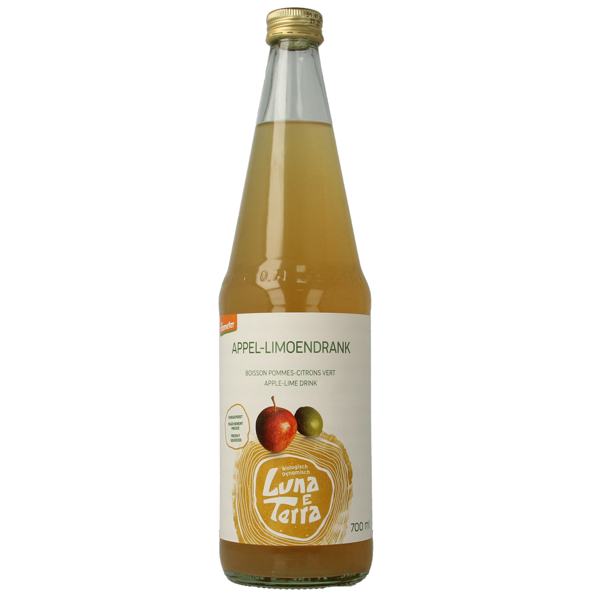 Luna E Terra bio appel-limoendrank in 700ml bottle, natural Demeter organic juice, shown in a clear glass with fresh apples