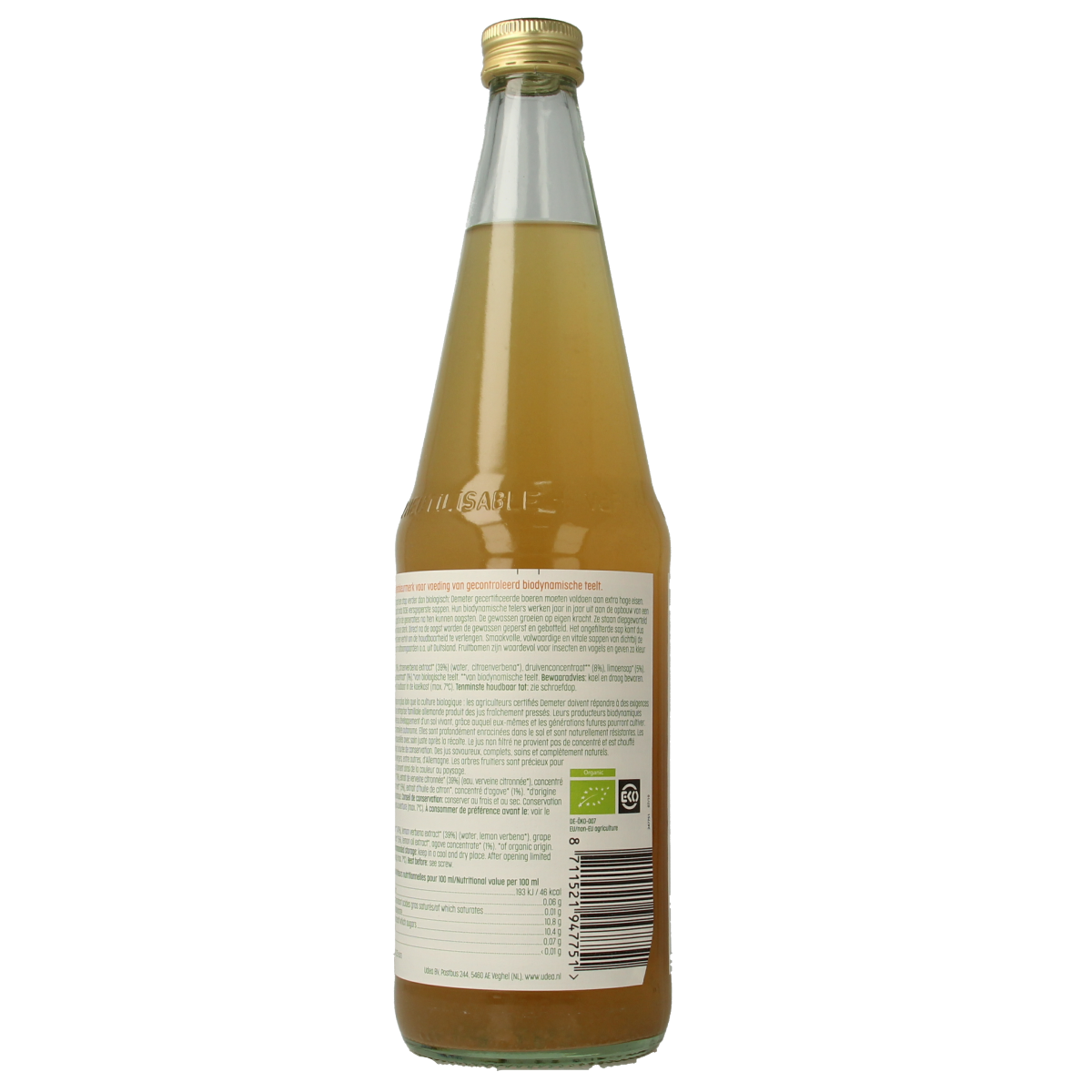 Luna E Terra bio appel-limoendrank in a 700ml bottle, natural Demeter-certified apple and lemon juice, clear liquid with fresh citrus color.