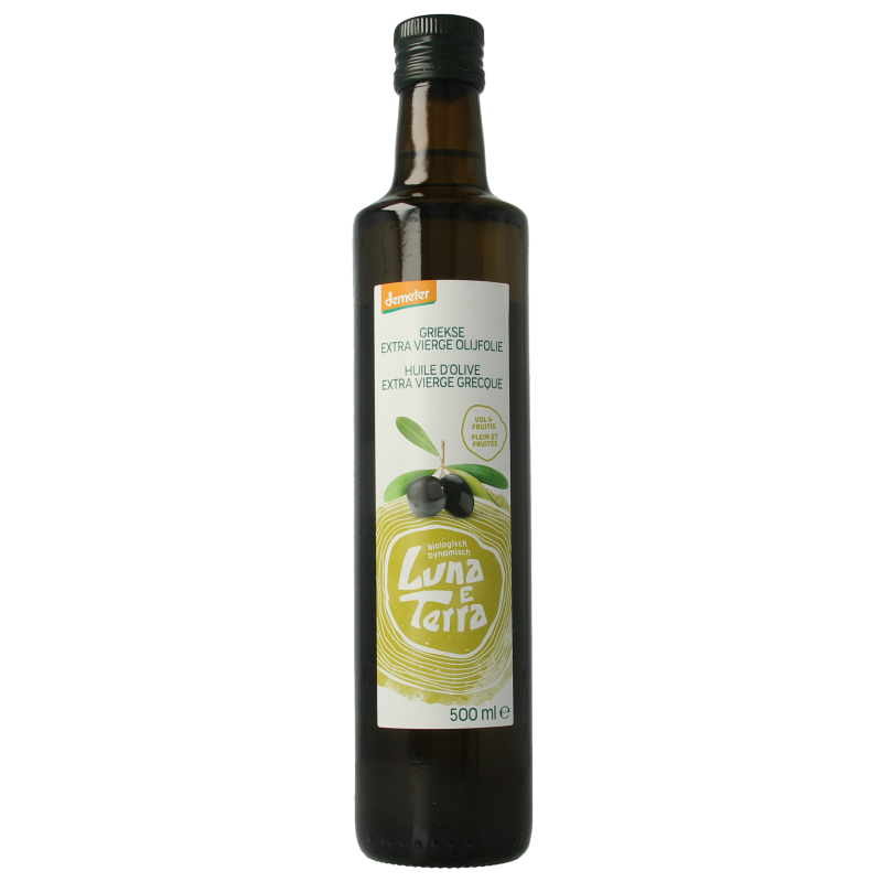 Luna E Terra Greek extra virgin organic olive oil in 500ml bottle, natural green olive oil with a dark glass container.