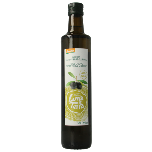 Luna E Terra Greek extra virgin organic olive oil in 500ml bottle, natural green olive oil with a dark glass container.