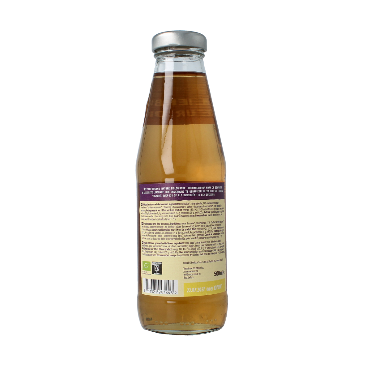 Bottle of Your Organic Nature organic elderflower syrup for drinks and cocktails, with a 500ml capacity.