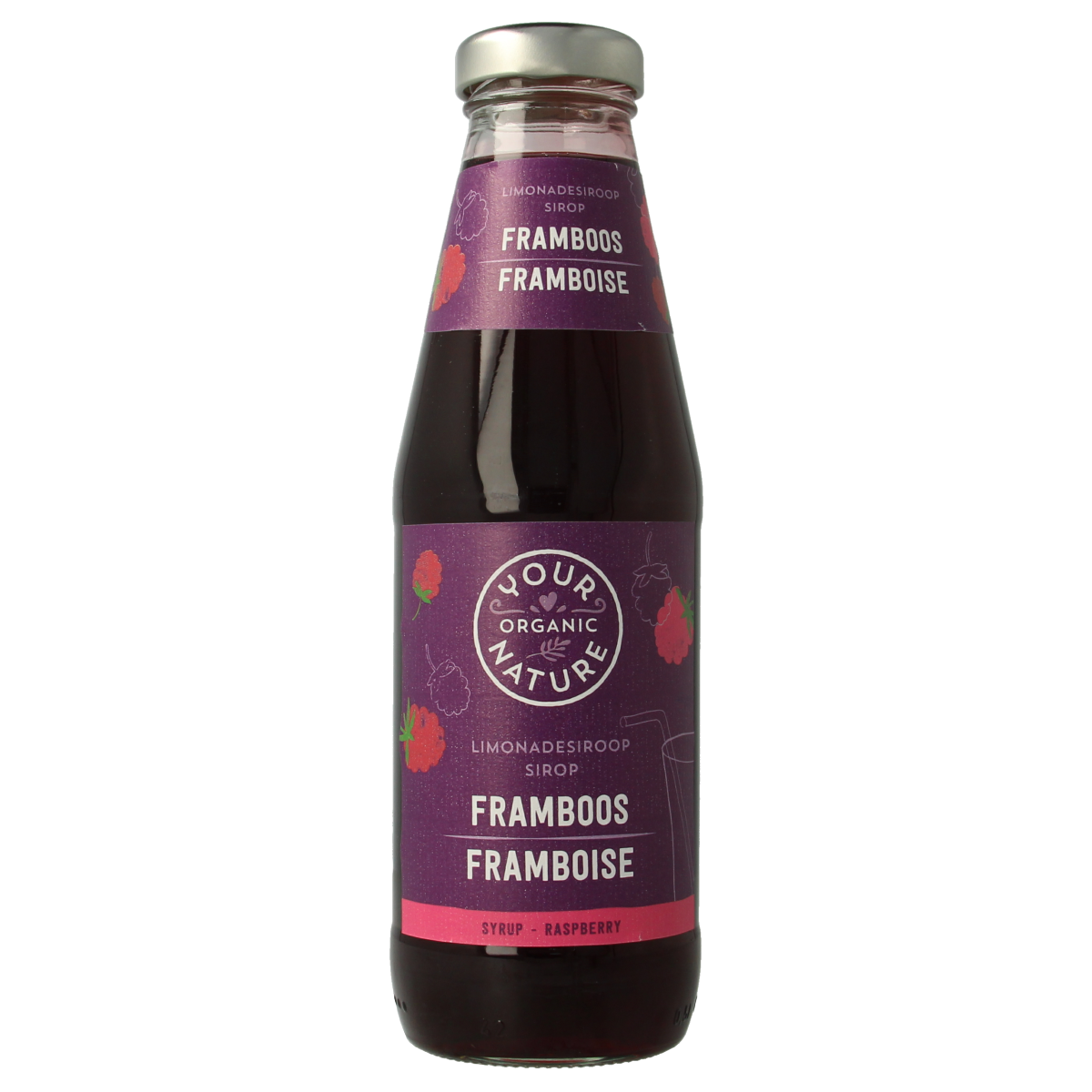 Organic raspberry syrup from Your Organic Nature, 500ml bottle, in a clear glass with fresh raspberries and natural ingredients.