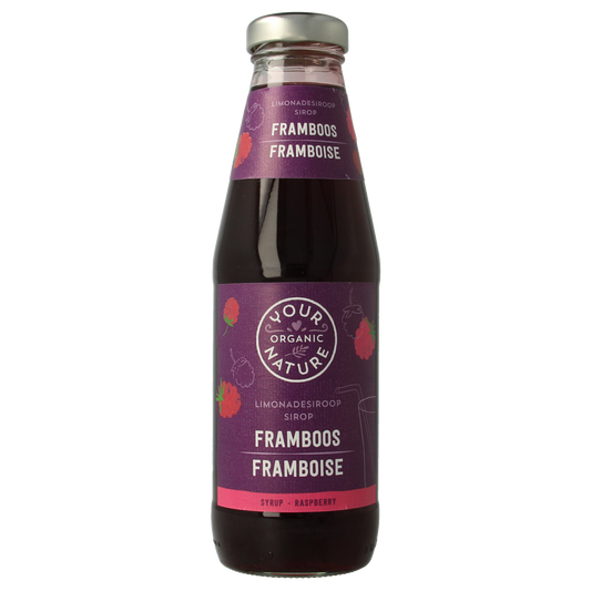 Organic raspberry syrup from Your Organic Nature, 500ml bottle, in a clear glass with fresh raspberries and natural ingredients.