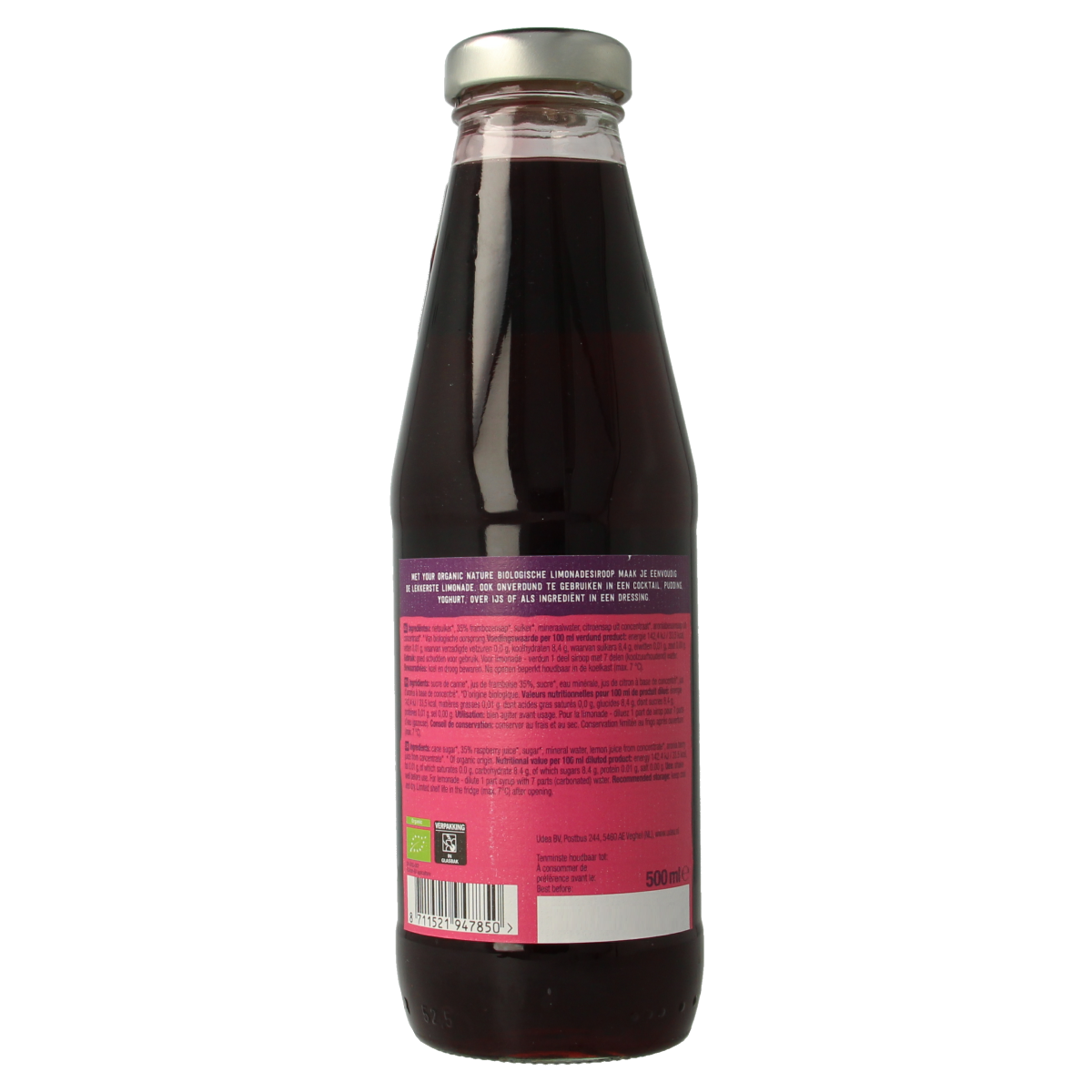 Bottle of Your Organic Nature raspberry organic lemonade syrup in a 500ml container, featuring a clear label and raspberry illustrations