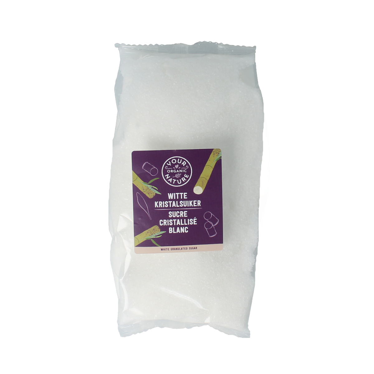 Organic Nature Kristalsuiker bio 750g, natural brown sugar crystals from Your Organic Nature, shown in a clear container.