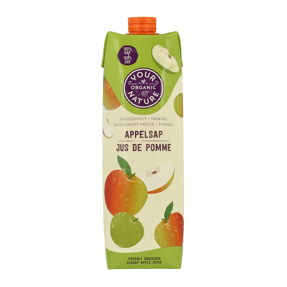 Your Organic Nature organic apple juice in a 1-liter bottle, natural and freshly pressed, within the drinks and juices category.