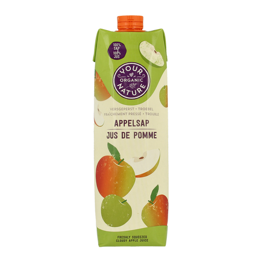 Your Organic Nature organic apple juice in a 1-liter bottle, natural and freshly pressed, within the drinks and juices category.