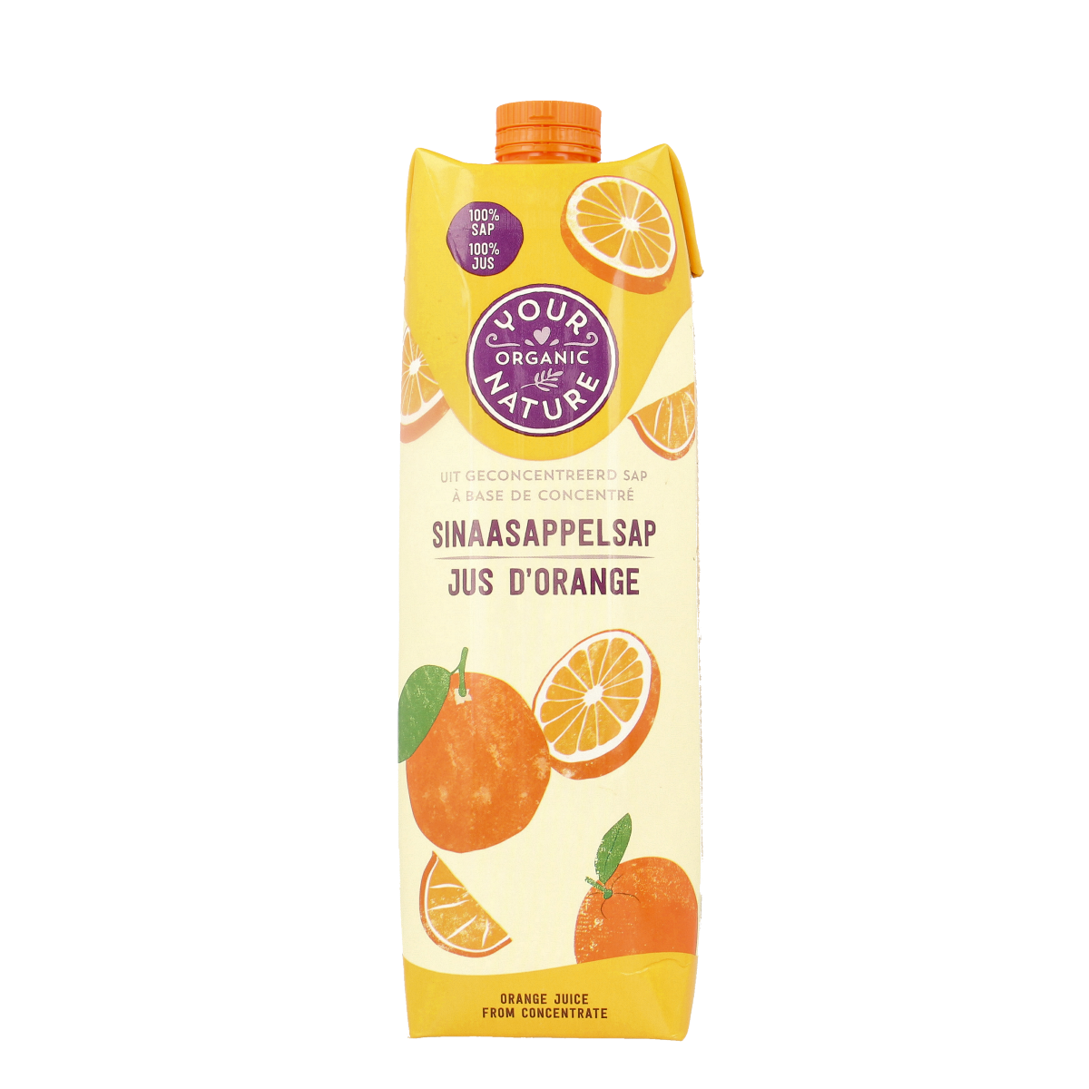 Bottle of Your Organic Nature Sinaasappelsap bio 1L with fresh orange juice visible through clear packaging.
