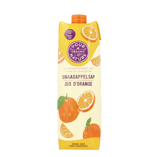 Bottle of Your Organic Nature Sinaasappelsap bio 1L with fresh orange juice visible through clear packaging.