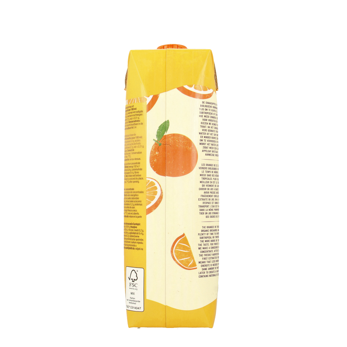 Organic Your Organic Nature Sinaasappelsap in 1-liter bottle, natural fresh orange juice, no added sugars, in a clear glass.
