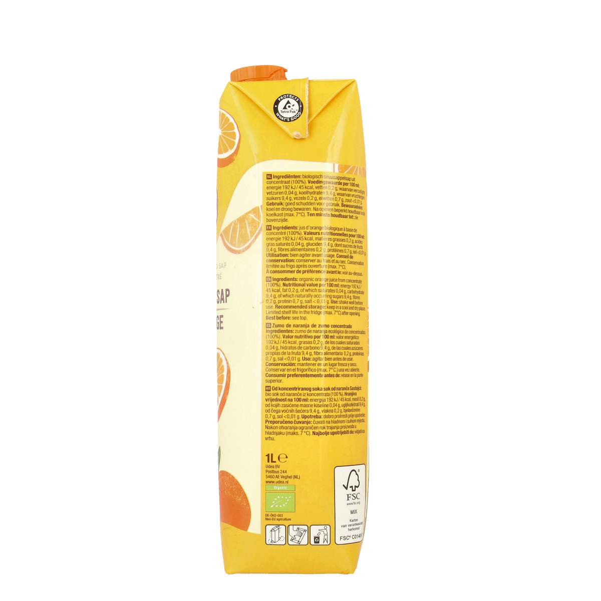 Glass of Your Organic Nature organic orange juice in a 1-liter bottle, showcasing fresh oranges and vibrant color.