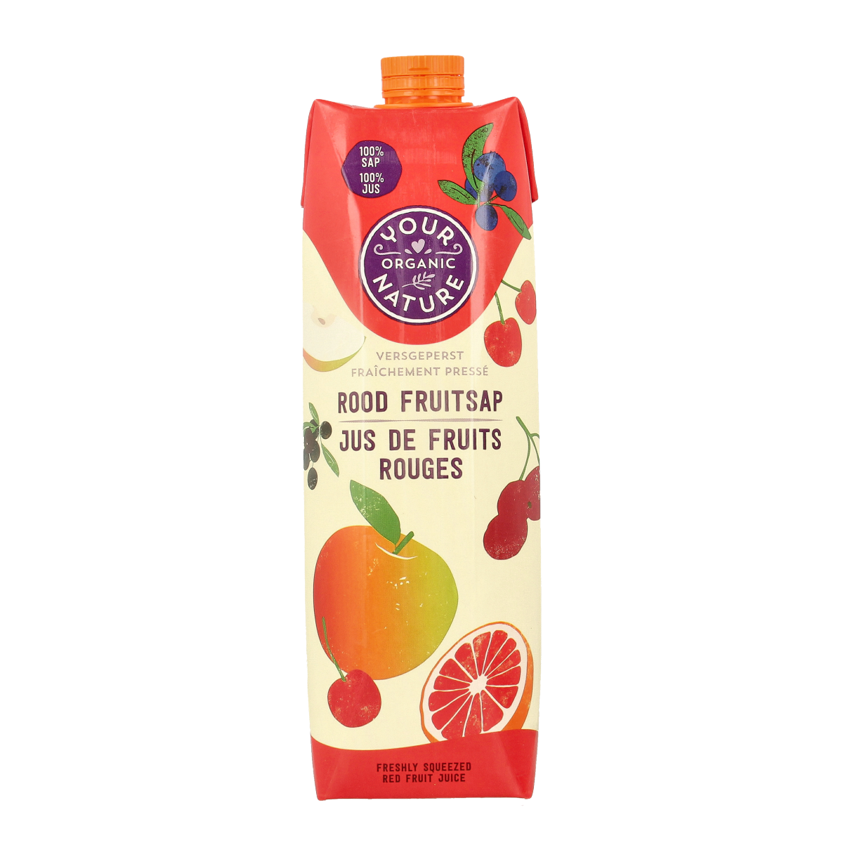 Your Organic Nature Rood Fruit Sap bottle, 1 liter, organic fruit juice in clear container with label showing red fruit illustrations.