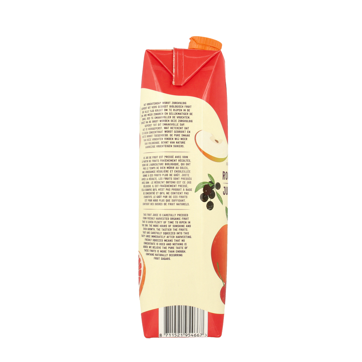 Organic Rood fruit sap from Your Organic Nature in a 1-liter bottle, showcasing fresh fruit and natural ingredients.