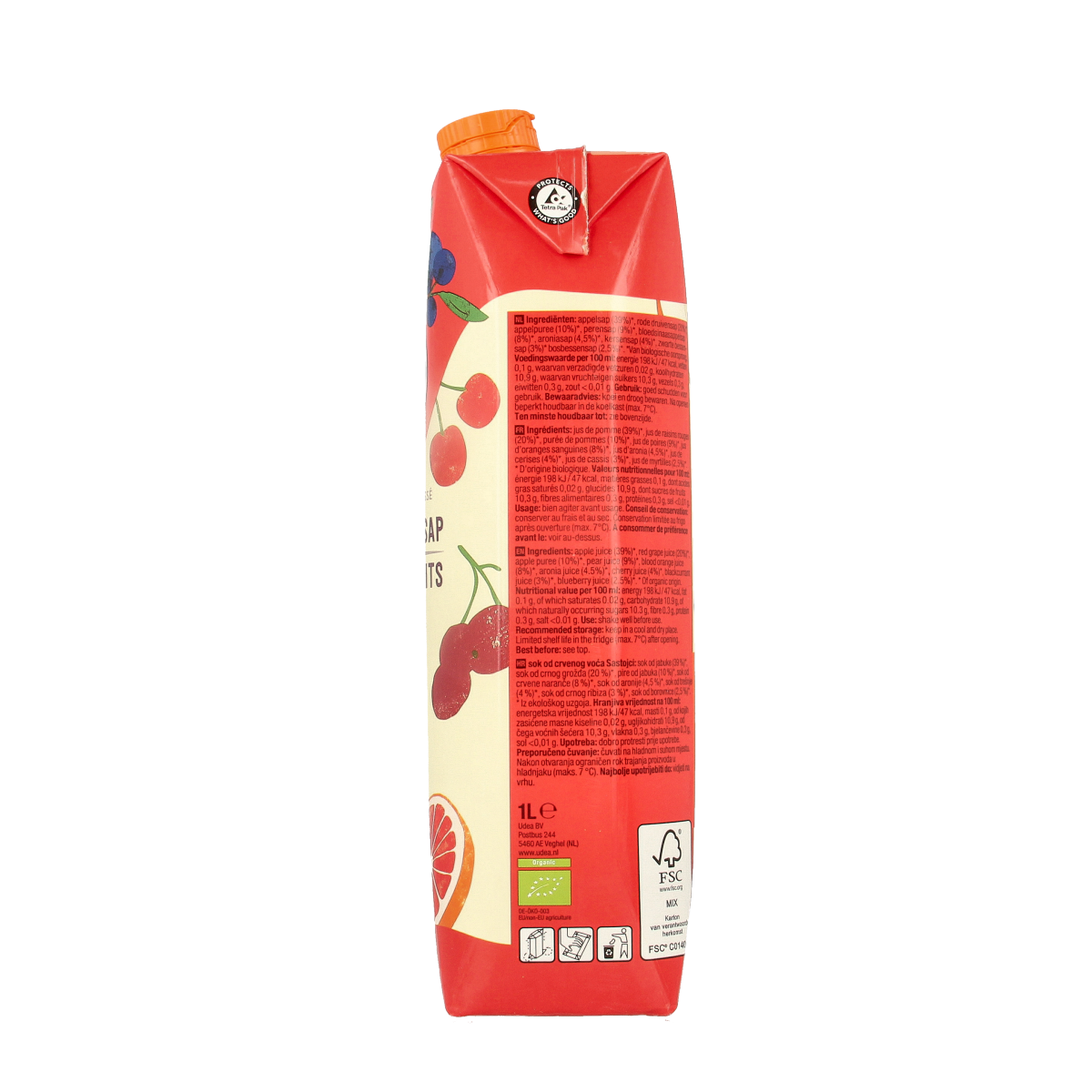 Bottle of Your Organic Nature Rood fruit sap in a 1-liter container, featuring fresh organic red fruit on the label.