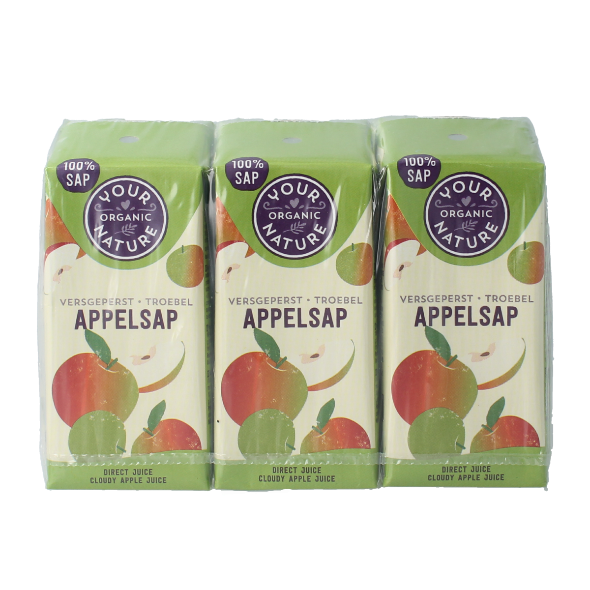 Organic Your Organic Nature apple juice 200ml, bio, in a pack of six, displayed in a clear glass bottle with fresh apples around.